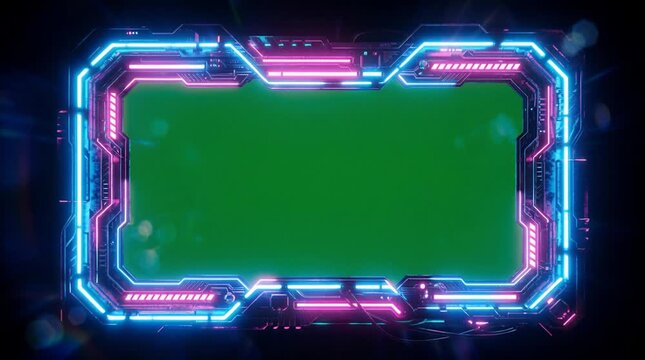 Futuristic Neon Frame with Green Screen and Sci Fi Technology Elements Glowing with Blue and Pink Lights on Dark Background