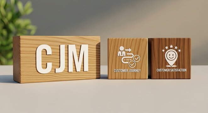 Three wooden blocks with custom marketing terms on a table with a plant in the background for business concepts