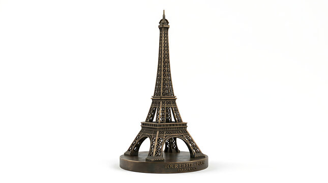 A small bronze model of the Eiffel Tower on a white background