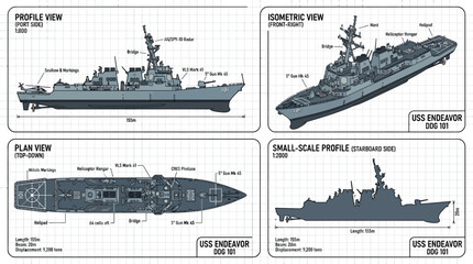 Technical diagrams of a military ship in four views with labeled parts on a grid background. © Dhiyak Boneto