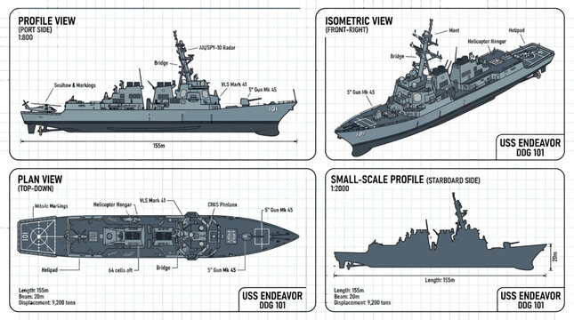 Technical diagrams of a military ship in four views with labeled parts on a grid background.