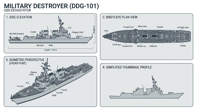 Technical diagrams of a military destroyer ship with side elevation, plan view, geometric perspective, and thumbnail profiles.