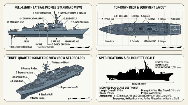 Technical diagrams of a military ship showcasing full-length lateral profile, top-down deck and equipment layout, three quarter isometric view, and specifications silhouette on a clean
