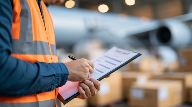 Faceless cargo handler reviews documents on clipboard at airport with aircraft and packages ready for shipment, logistics work, professional activity, airport setting, with copy