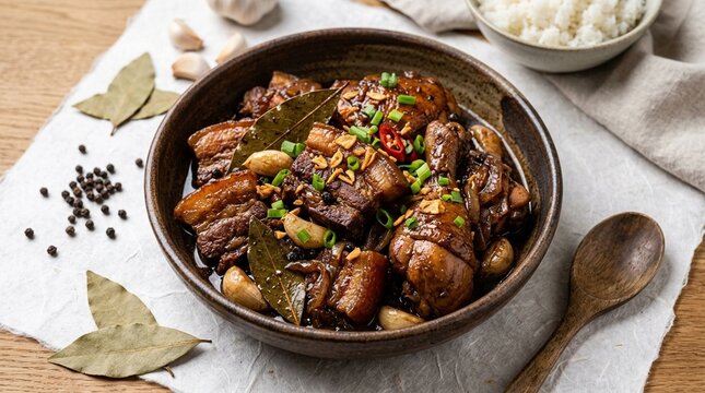 Filipino Adobo Pork and Chicken Braised in Vinegar Soy | National Dish | Philippine Cuisine Stock Photo