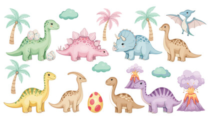 Naklejka premium Cartoon Dinosaur Vector Illustration Featuring Stegosaurus, Triceratops, Pterosaur, Volcano, Palm Trees, Clouds, and Dinosaur Eggs in Playful Prehistoric Design