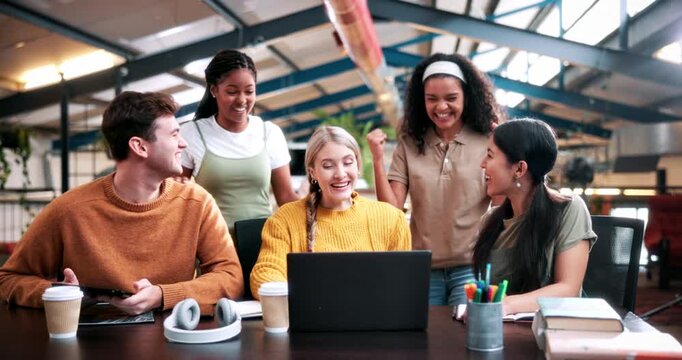 Surprise, success or people in college with laptop, thesis results or good news on team project. University, wow or students on campus with tech, academic achievement or approval of group assignment.