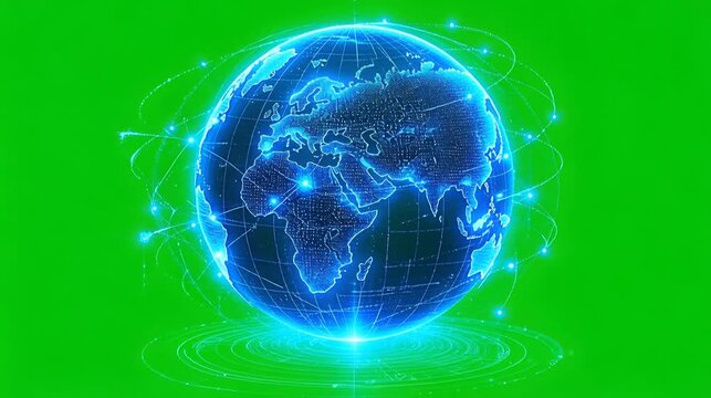 Glowing Blue Digital Earth with Connected Lines Orbiting on Green Screen Background Futuristic Technology Concept