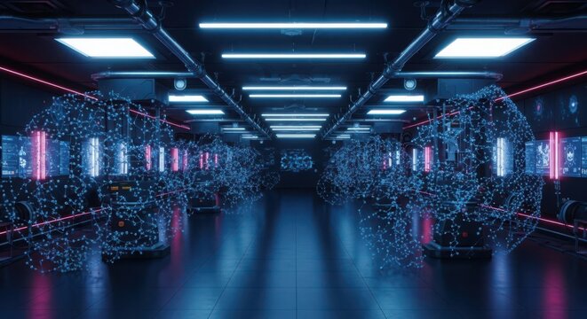 Futuristic Nanotechnology Datacenter Hallway with Glowing Blue and Pink Digital Network Elements