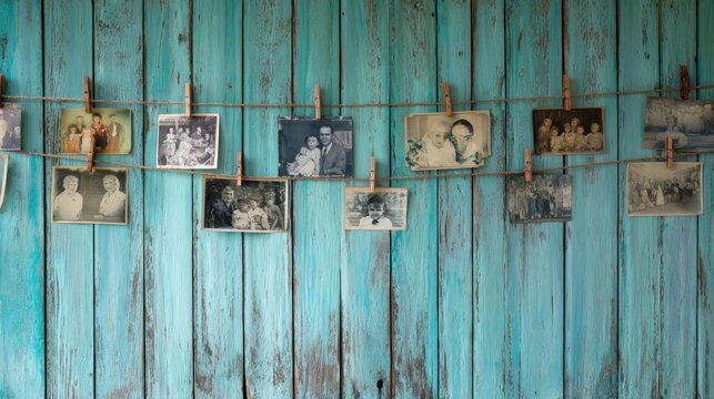 Vintage photographs displayed on wooden wall