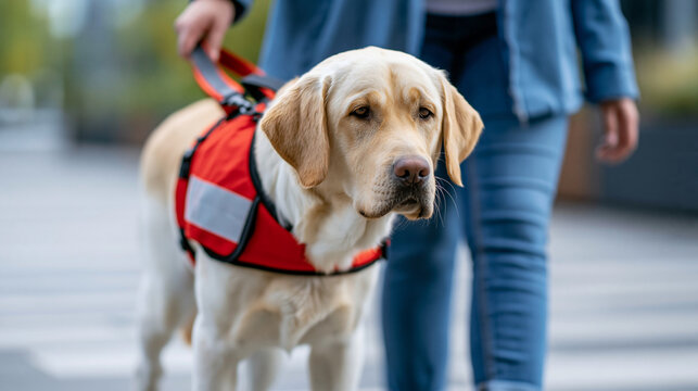 Service dog in training vest walks calmly beside faceless handler during public access evaluation, service dog certification, public access, training vest, with copy space