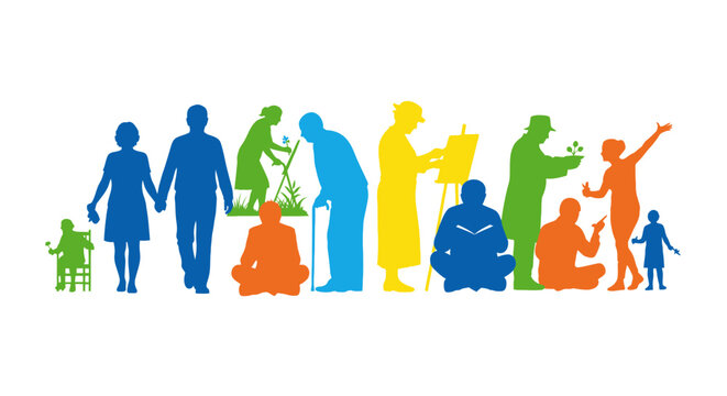 Colorful silhouettes of diverse people in various life stages and activities.