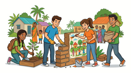 Illustration of diverse group of people planting trees and building a brick wall in a tropical village with a colorful mural. © Muj