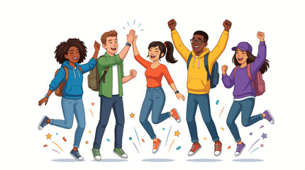 Obraz premium Diverse group of happy students jumping and celebrating with raised arms in colorful outfits against a white background with confetti.