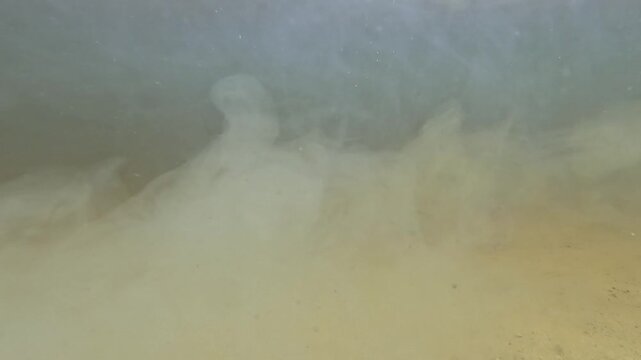 Underwater view of a sandy riverbed as a dense sediment cloud rises and spreads across the frame from left to right, gradually obscuring the golden sandy bottom in murky turbid water