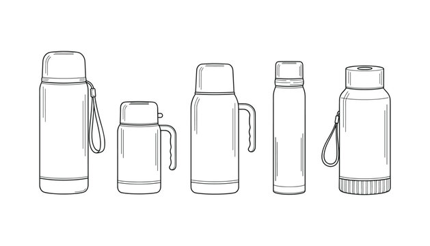 Thermos Bottle Vector Illustration Featuring Five Different Designs with Handles, Straps, and Contoured Shapes in Black and White Line Art Style