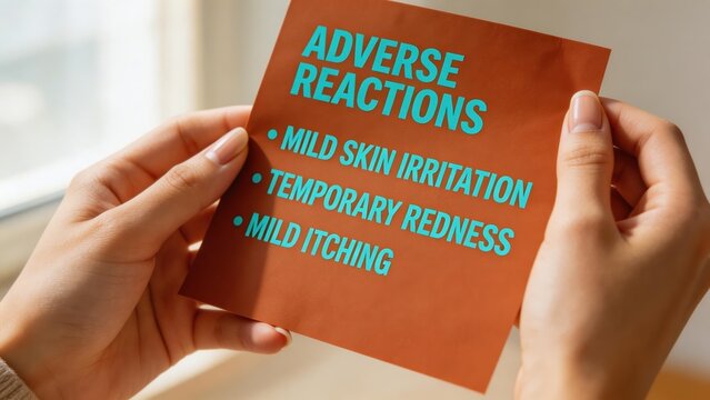 Hands holding a medical information leaflet detailing adverse reactions. Warning about mild skin irritation, temporary redness, and itching