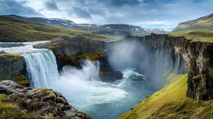Obraz premium Waterfall cascades over a rugged rocky cliff into a deep basin, surrounded by vibrant green mossy slopes under a dramatic cloudy sky in a remote wilderness landscape setting.