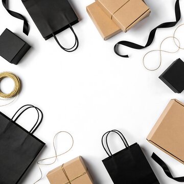 Shopping Bags and Gift Boxes Flat Lay with Copy Space