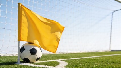Naklejka premium Soccer Ball at Corner Flag on Grass Pitch
