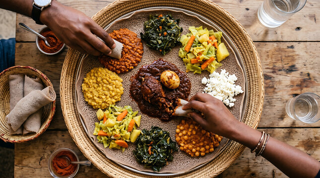 Traditional Ethiopian Injera Spread with Misir Wat Doro Wat and Tikel Gomen on Wicker Tray