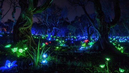 Fototapeta premium Glowing Fireflies in Dark Forest at Night.