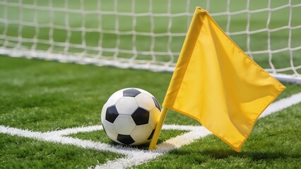 Fototapeta premium Soccer Ball at Corner Flag on Green Grass Field
