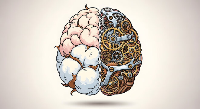 Abstract representation of a human brain split into two halves one representing organic, creative thought, the other representing mechanical, logical processing
