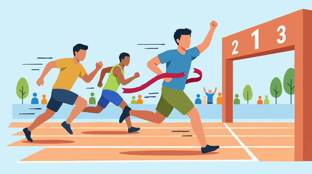 Three male runners crossing finish line, celebrating victory in a race