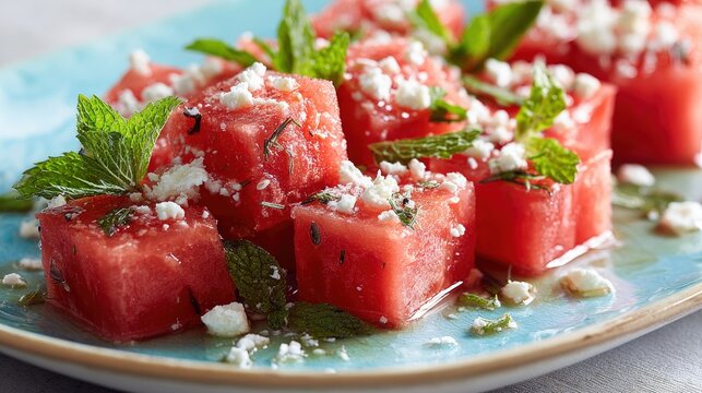 Watermelon cubes feta mint fresh food