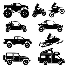 Collection of silhouette icons representing various off-road vehicles and recreational transport, including a monster truck, ATV, dirt bike, dune buggy, snowmobile, pickup truck, jeep, and camper van. © adobe