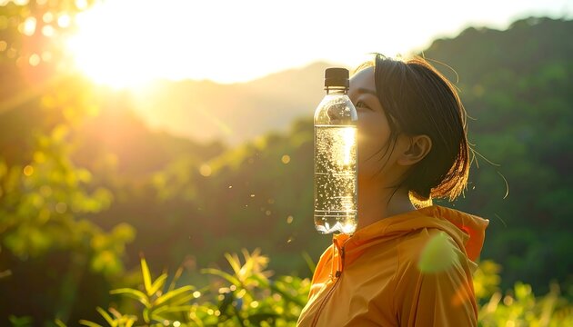 Woman balancing clear water bottle on her forehead in a sunny, green, nature setting with golden light
