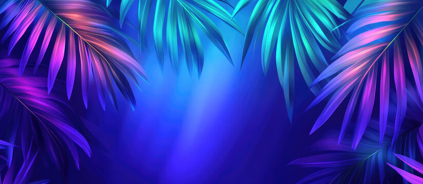 Vibrant palm leaves shine brightly in a tropical nighttime scene with colorful lights