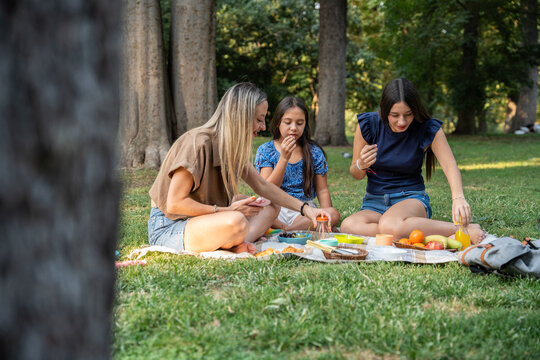 Family picnic in summer park with fruit and snack on blanket