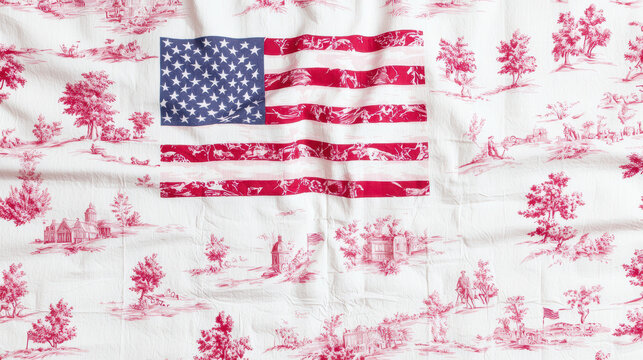 American flag design with red and white toile pattern, showcasing historical scenes and landscapes, evokes sense of patriotism and nostalgia