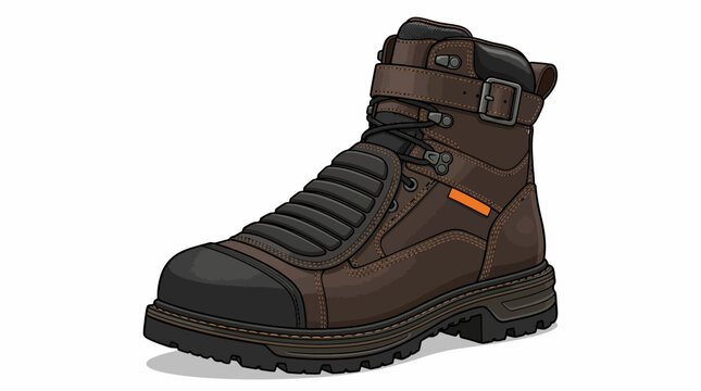 Brown leather work boot with black laces and buckle straps on a white background, showcasing rugged outdoor footwear.