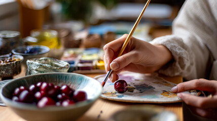 Obraz premium Close-up of artists hands painting with cherries nearby