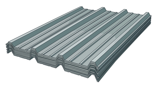 Stack of corrugated metal roofing sheets on a plain white background, showcasing their wavy pattern and greenish-gray color.