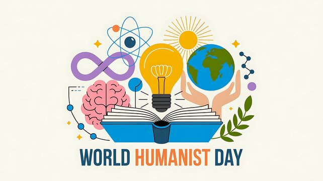 World humanist day celebration with symbols of knowledge and science