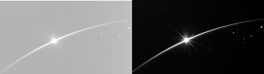 Abstract space sunrise background on black and grey, bright lens flare on planet orbit curve © Maxim