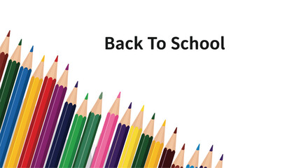 Fototapeta premium Back to school banner featuring a diagonal row of many sharpened colored pencils pointing towards the top left corner of the page.