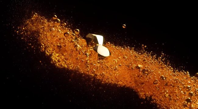 Golden Glitter Explosion Against Black Background Capturing Abstract Motion Dynamic Flow of Sparkles and Cubes with Dramatic Lighting
