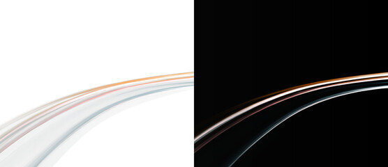 Abstract dynamic light trails background on black and white, orange and silver geometric planet orbit lines © Maxim