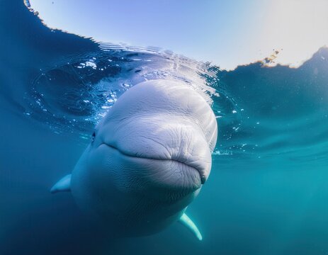 Beluga whale swimming underwater looking at camera with curiosity