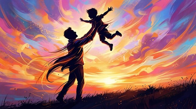 Father holding child up in air at colorful sunset