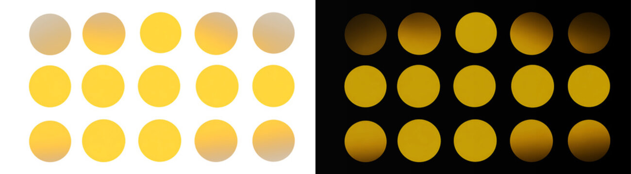 Abstract gold circle lights grid background on black and white, yellow LED matrix texture