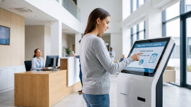 Young female patient using a digital self service kiosk for appointment check in at a modern hospital reception lobby. Soft natural lighting creates a calm and welcoming contemporary clinic style.