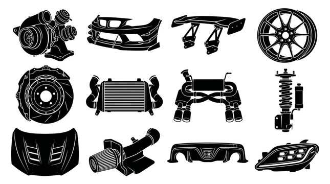 Sports Coupe Spare Parts Icon Collection Black Silhouette Automotive Engineering Vector 4K