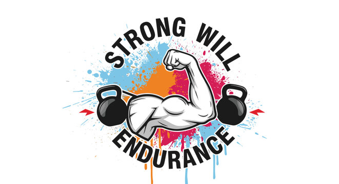 Fitness and bodybuilding logo displays a muscular flexed arm with heavy kettlebells set against a vibrant colorful paint splash for motivational art.