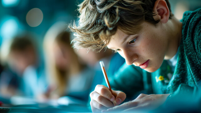 Focused student writing, bathed in cool light, diligent and studious